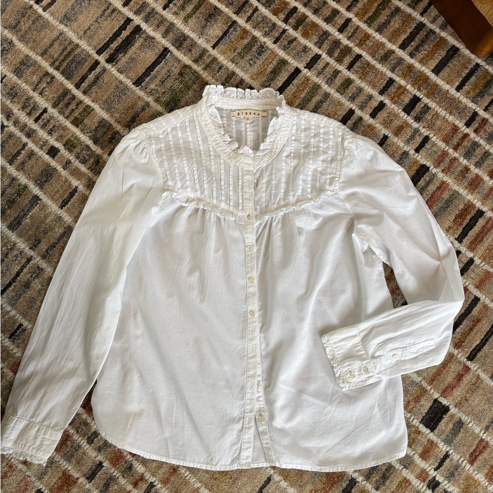 Xirena Cotton Button Down With Yoke Front/Back Details And Ruffles Size M